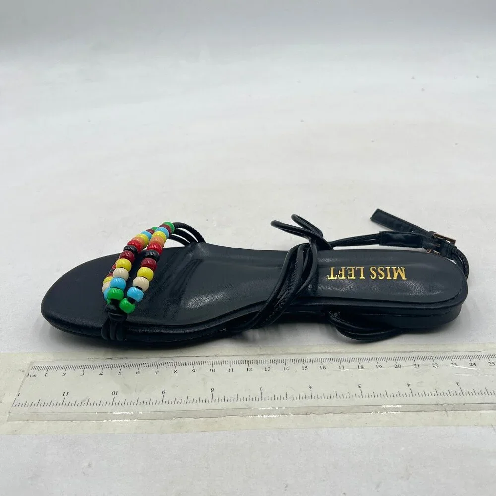 miss left Black Beaded Flat Sandals for Women Ankle Strap Open Toe Slide Sandals - Picture 2 of 8